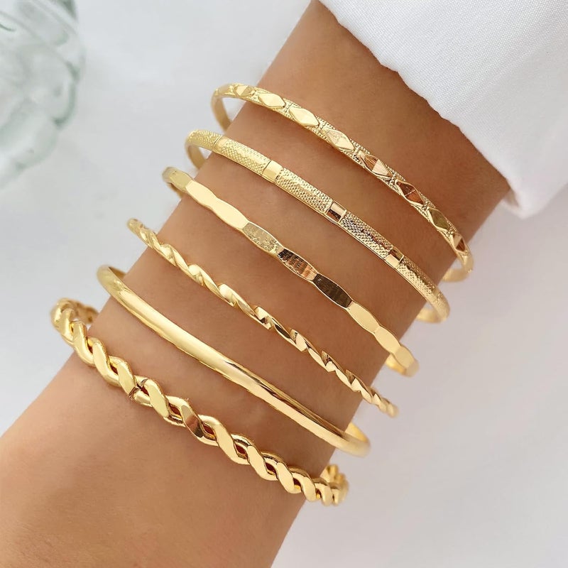 IFKM Gold Bangle Bracelets For Women, 14k Gold Plated Multi Layer Stackable Cuff Bracelet Set, Trendy Elegance Charms Non Tarnish Minimalist Textured Boho Jewelry Gift for Women - Image 4